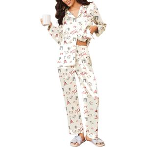 Ekouaer Silk Satin Pajamas for Women Teddy Bear Pjs Set Button Down Long Sleeve Loungewear Cute Sleepwear (Large)