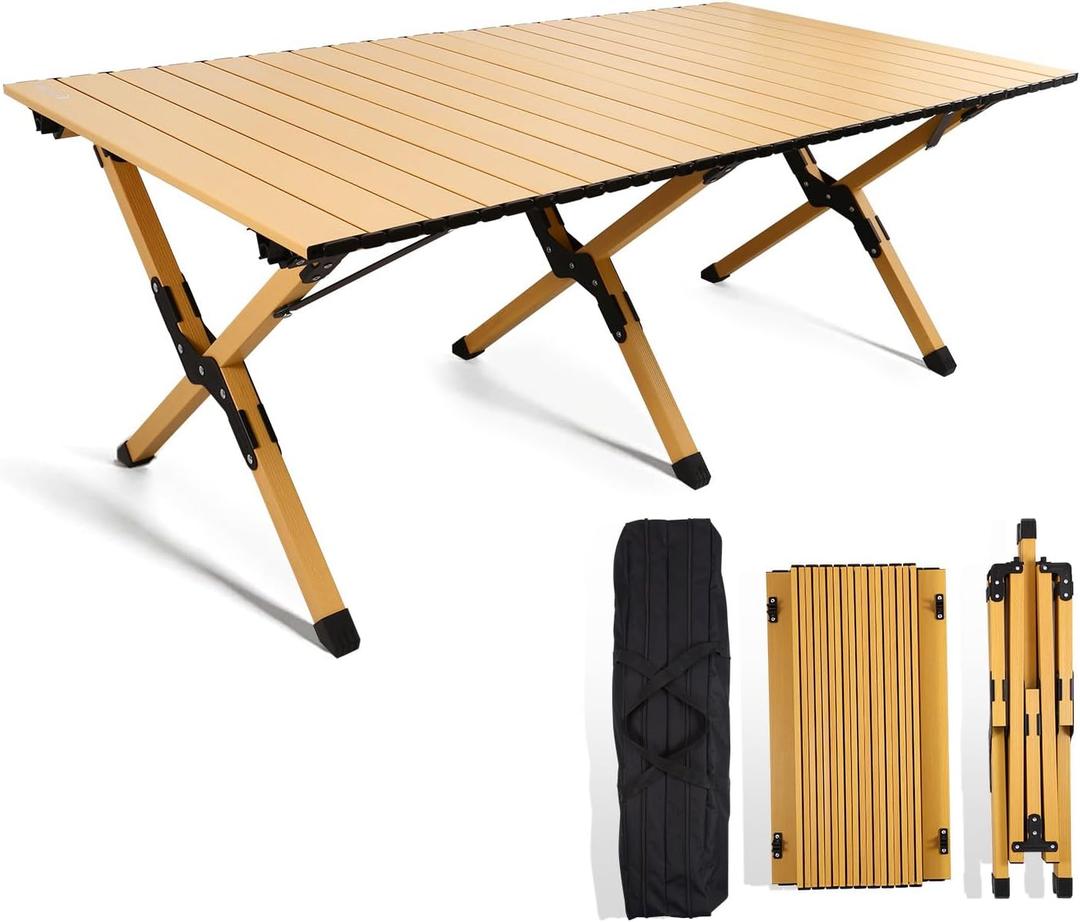 Folding Camping Table, Lightweight Roll-Up Table Aluminum Low Portable Picnic Table with Carrying Bag for Outdoor, Beach, Picnic, Backyards, BBQ and Party, 45.2''D x 23.6''W x 17.3''H (Log Color)