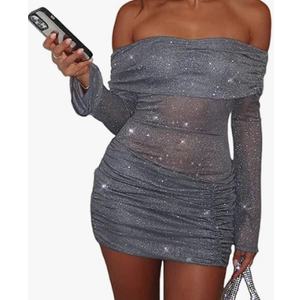 Uni Clau Women Sexy Off Shoulder Sparkly Mini Dresses Long Sleeve Bodycon Ruched Y2K Dress Mesh Birthday Party Club Dress Large