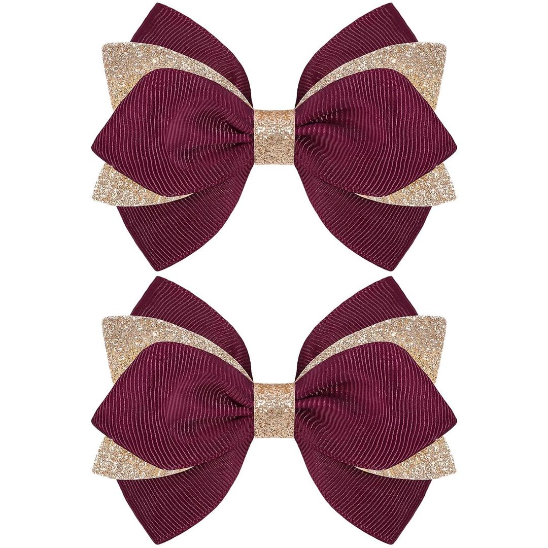 4 Inch Sparkly Glitter Burgundy Red Hair Bow Clips for Girls Boutique Sequin Alligator Barrettes Pins for Teens Toddler Children Kids Grosgrain Hair Accessories for Christmas