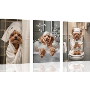 Framed 3Pcs Funny Bathroom Wall Art Dog Playing Phone on Toilet and Taking Bath in Bathroom Pictures Posters Cute Pet Canvas Prints Wall Decor for Dog Lovers Bathroom and Laundry Room Decoration