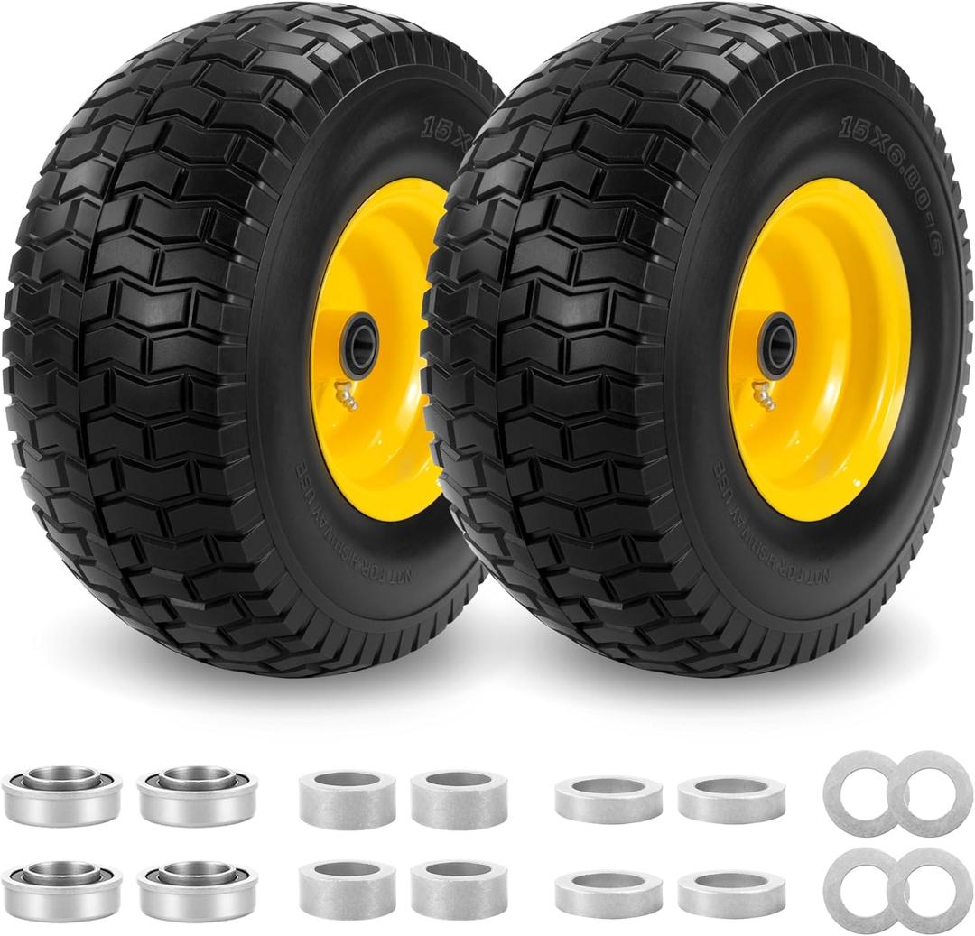 2PC 15x6.00-6 NHS Flat Free Front Lawn Mower Tire and Wheel, 3/4" Bearing with Extra 5/8", Compatible with Most John Deere 100 and 300 Series Mowers, 3"-4.4" Centered Hub, 700 lbs Load Capacity.