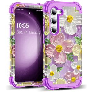 for Galaxy S23 Plus Case,3 in 1 Oil Painting Flower Pattern Heavy Duty Shockproof Protection Silicone Rubber Bumper+Hard Plastic Protective Cover for Samsung S23 Plus 6.6",Purple/Pink