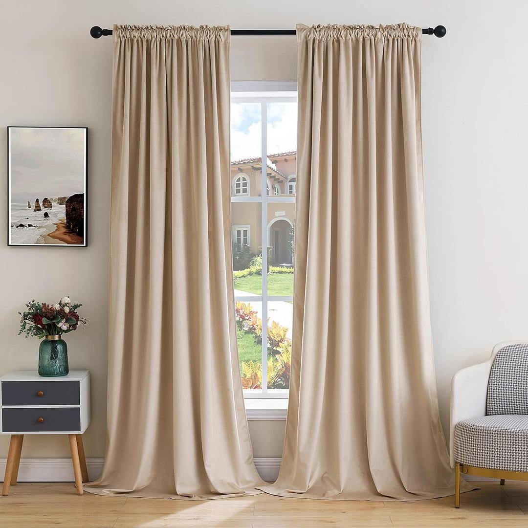 MIULEE Camel Beige Velvet Curtains Thermal Insulated Blackout Curtain Drapes for Bedroom Living Room Darkening 84 Inches Long Curtains Panels Rod Pocket Set of 2