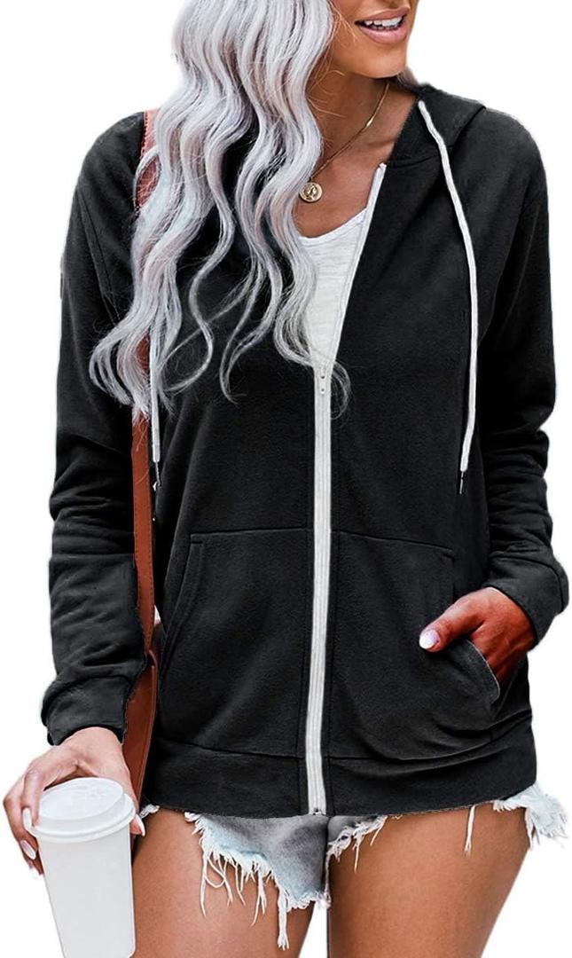 WROLEM Women Casual Full Zip Up Hoodie Comfy Loose Long Sleeve Sweatshirt Solid Color Jacket with Pockets, Medium