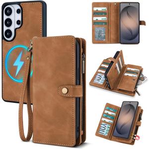 TwoHead for Samsung Galaxy S26 Ultra Wallet Case with Card Holder, Detachable Magnetic Phone Case for S26 Ultra,PU Leather All-Round Protective Phone Case Wallet with Wrist Strap(6.9 in,Brown)