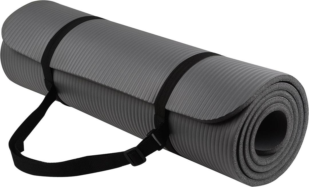 BalanceFrom All-Purpose 1/2-Inch Extra Thick High Density Anti-Tear Exercise Yoga Mat with Carrying Strap and Yoga Blocks Gray