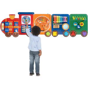 Train Activity Wall Busy Board Panels, 11-in-1 Wooden Sensory Wall Panel, 57 inches
