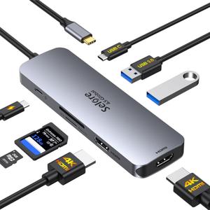 USB C Docking Station Dual HDMI Monitor, USB C to Dual HDMI Adapter with 2HDMI Ports, PD Charging, SD/microSD, USB A&C 3.0 Ports, Laptop Docking Station for Dell XPS/HP/Lenovo/Surface/Yoga etc