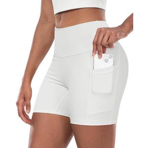 CHRLEISURE Womens Biker Yoga Shorts with Pocket, High Waisted Tummy Control 5 Inch Workout Spandex Athletic Gym Shorts(White, L)