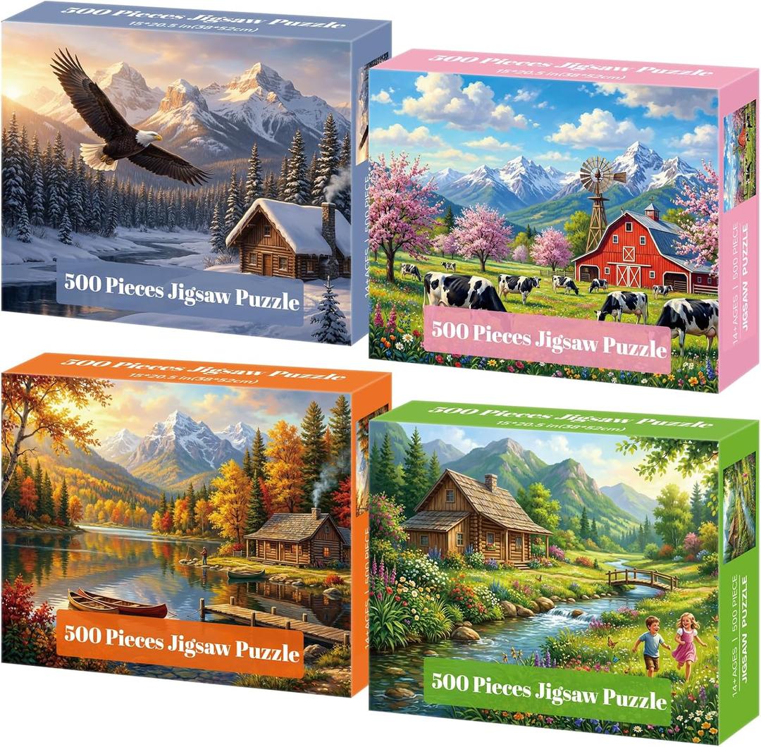 4-Pack 500 Piece Puzzles for Adults, Four Seasons Scenery Jigsaw Puzzles for Adults 500 Pieces, Fun Challenging Jigsaw Puzzles 500 Pieces for Adults Family Game Gift for Home Decor Wall Art, 500 pieces, 15x20.5 inches