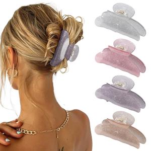 4Pcs Large Acrylic Clips - Big Non-Slip Banana Barrettes for Thick Hair, Strong Hold Jaw Clips for Women Girls (Gray+Pink+Gold+Purple)