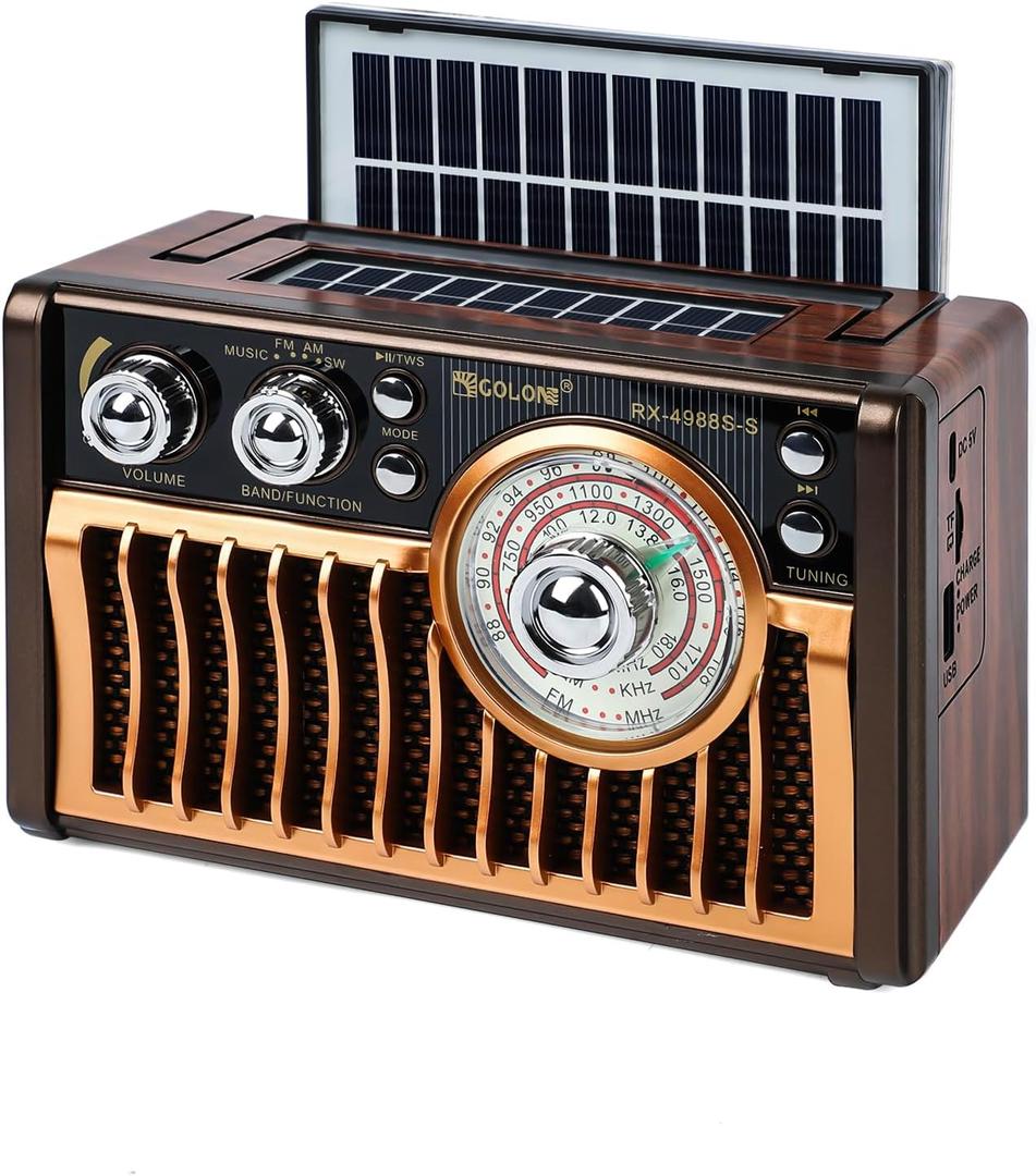 Portable AM FM Radios, Retro Radios with High-Powered Speakers, Support USB Power and Solar Panels Charging.Bluetooth TF Card (Rose Gold)