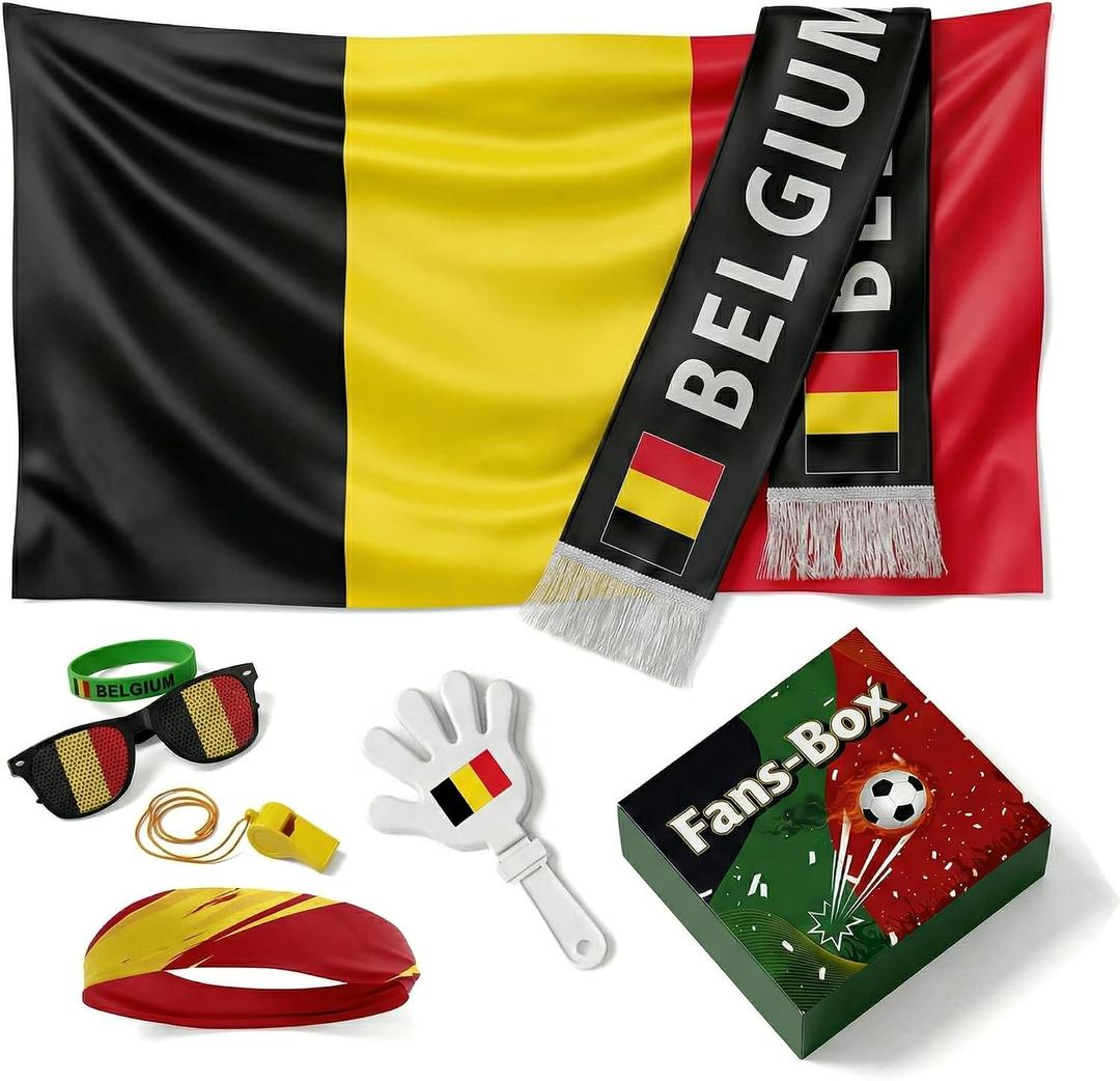 Soccer Fan Gear Set 2026-7 Piece Game Day Kit with Flag, Scarf, Glasses, Whistle, Clapper, Wristband & Headband in Gift Box - Watch Party & Stadium Essentials for for Belgium