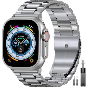EPULY Compatible with Apple Watch Band 49mm 45mm 44mm 42mm 41mm 40mm 38mm, Business Stainless Steel Metal Watchband for iWatch Band Series 9, Ultra 2, SE, Ultra Series 8 7 6 5 4 3 2 1 Men & Women (Silver)