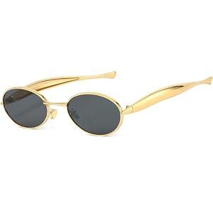 AIEYEZO Retro Oval Sunglasses for Women Men Fashion Gold Frame Sardine Sun Glasses Suitable for Small Faces (Gold/ Grey)