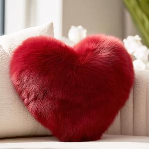 Red Heart Pillow, Faux Fox Fur Heart Decorative Pillows, Heart Shaped Throw Pillow for Bed, Soft Fluffy Decorative Cushion for Chair Sofa Living Room - Plush Pillow Home Decor (Small)