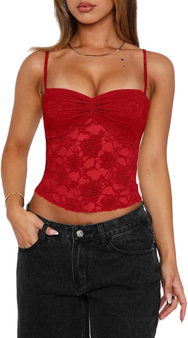 Women Lace Camisole Top Y2k Floral Sheer Mesh Spaghetti Strap Tank Top Summer Sexy Slim Fit Square Neck Shirt (Medium, Red)