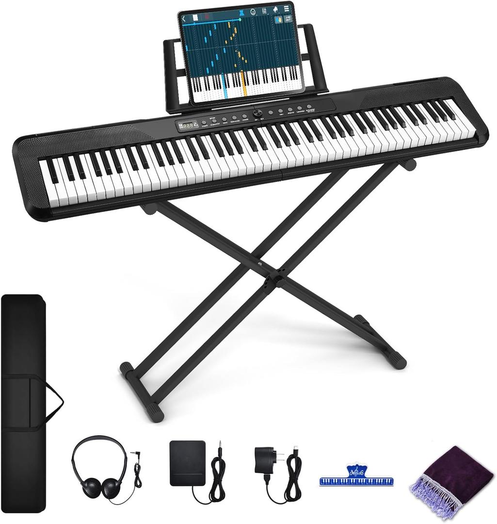 88 Key Piano Keyboard, Semi Weighted Electronic Digital Piano with Music Stand, Power Supply, Sustain Pedal, Bluetooth, Stand, MIDI, for Beginner Professional at Home, Stage