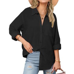 Zeagoo Women's Button Down Shirts Long Sleeve Cotton Gauze Tops Casual Collared Blouses Loose Fit (X-Large, Black)