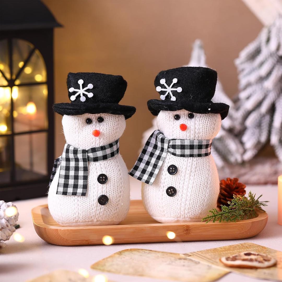 2 Pcs Winter Snowman Plush Toys 6'' Snowman Figurines with Black and White Checkered Scarf Christmas Snow Man Table Centerpieces for Holiday Winter Home Table Fireplace Decor