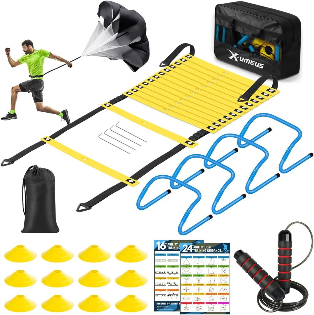 Agility Ladder Speed Training Equipment Set-20ft Agility Ladder,12 Soccer Cones,4 Hurdles, Jump Rope, Running Parachute| Basketball Football Soccer Training Equipment for Kids Youth Adults (Yellow Blue) Agility Ladder Speed Training Equipment Set-20ft Agility Ladder,12 Soccer Cones,4 Hurdles, Jump Rope, Running Parachute| Basketball Football Soccer Training Equipment for Kids Youth Adults (Yellow Blue)