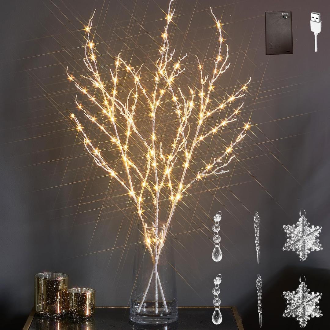 LITBLOOM Lighted Willow Branches Iridescent Glittered 32IN 120 LED with Timer Battery Operated and USB Plug in, Tree Branch with Fairy Lights for Home Room Christmas Decoration