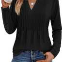 Zeagoo Womens Long Sleeve Tops 2025 V Neck Pleated Shirts Dressy Casual Tunic Blouses Loose Fit Fall Fashion Clothes (Medium, Black)