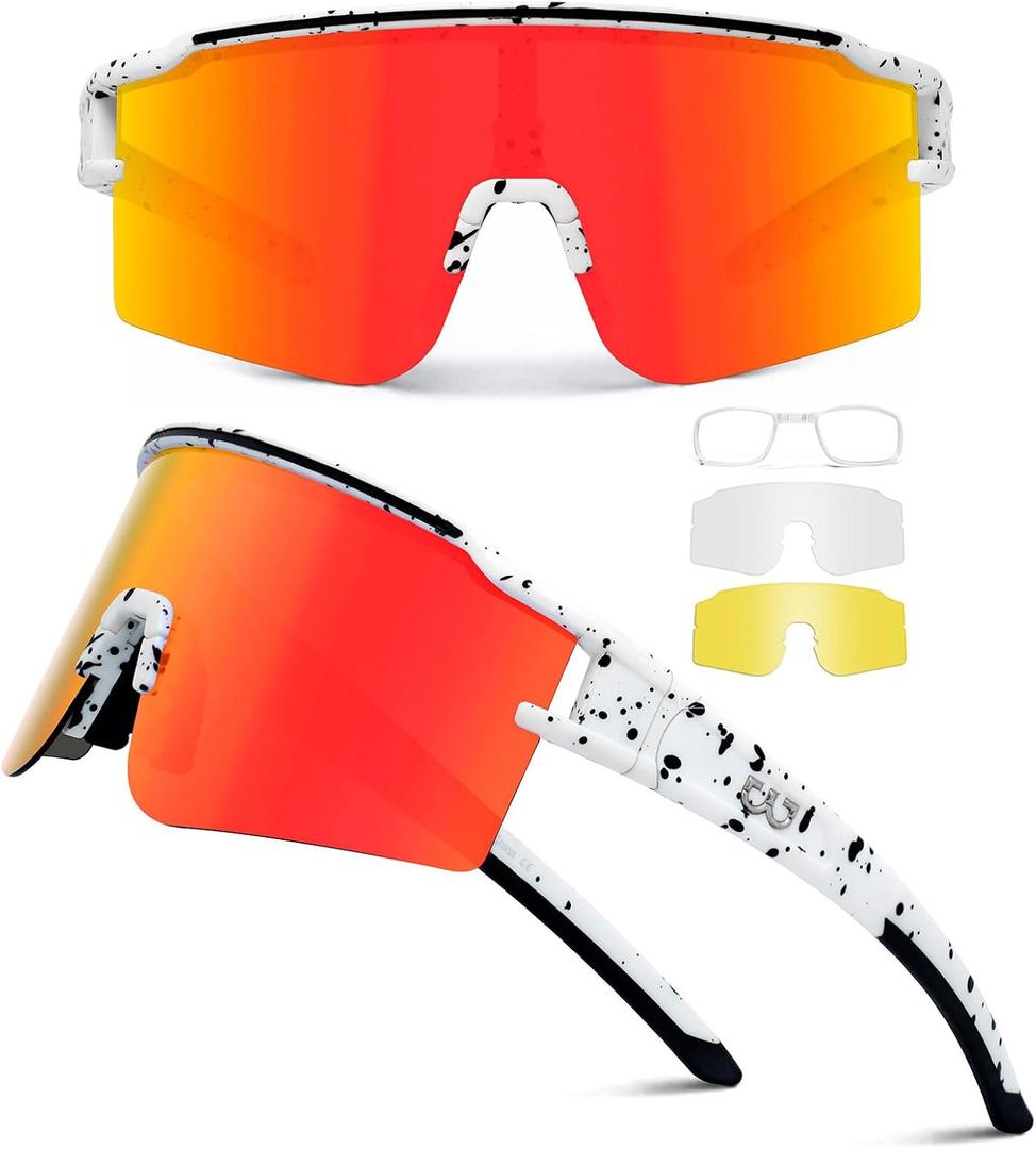 SPOSUNE Polarized Cycling Glasses with 3 Interchangeable Lenses for Women Men, TR90 Sports Sunglasses Running Baseball (3 Lenses-black White/Orange Red)