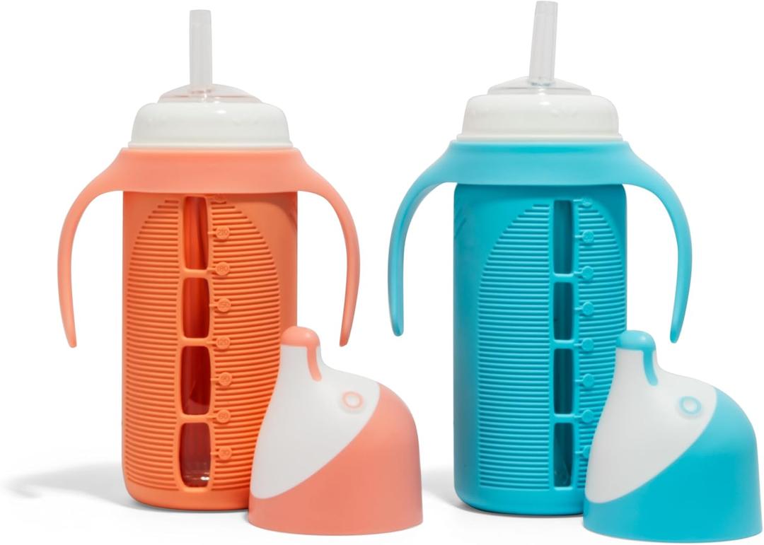 Tabor Place Set of 2 - Glass Sippy Cup for Toddlers - The Luca | Spill-Proof | Silicone Straw | Blue & Orange | 8 oz | Liquids Never Touch Plastic | Removable Handles (Blue)