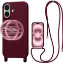 Magnetic Crossbody Case for iPhone 16 6.1", Liquid Silicone Case with Adjustable Shoulder Neck Lanyard Strap,[Compatible with MagSafe] Shockproof Protective Phone Cover-Red