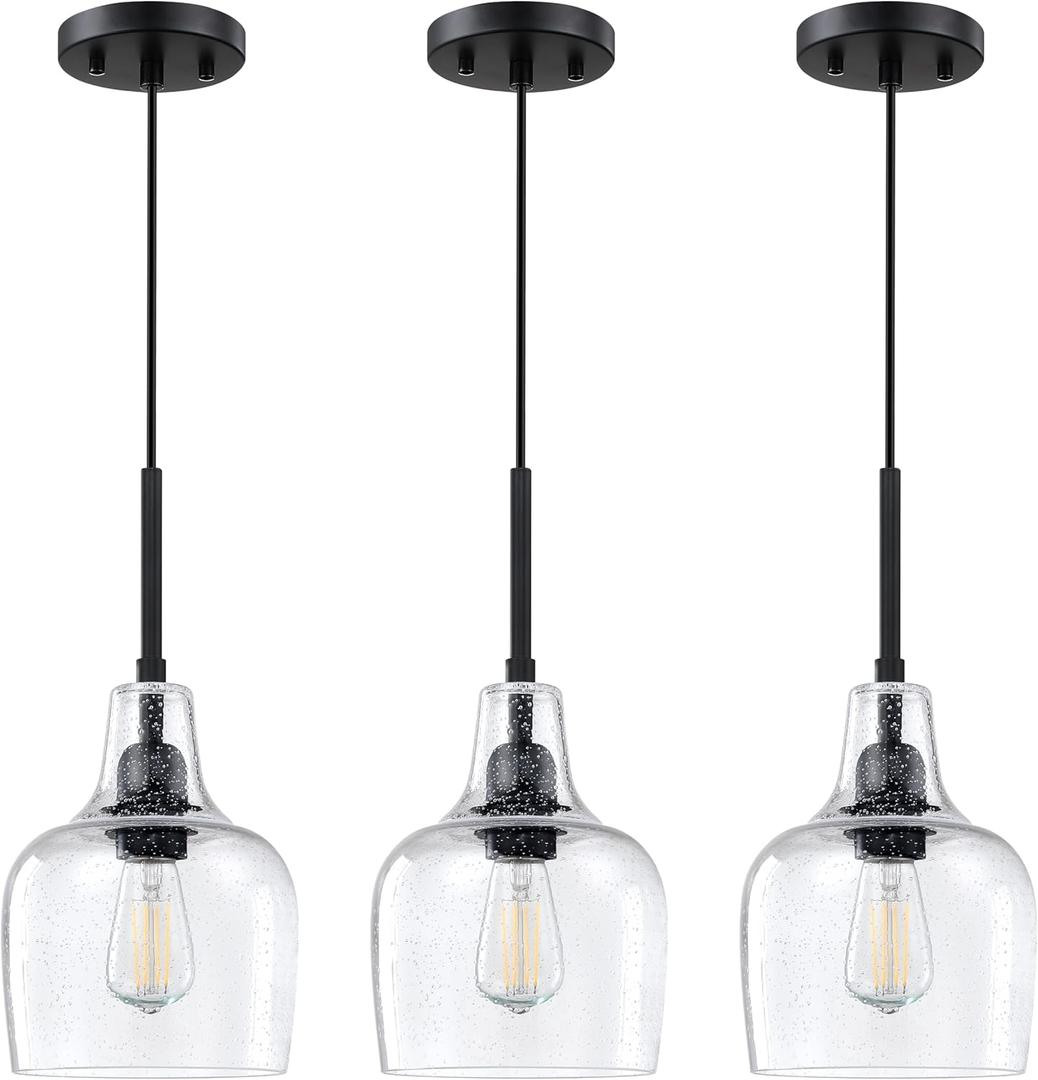 3 Pack 1 Light Indoor Hanging Kitchen Island Pendant Ceiling Light 6.1" Clear Seeded Glass Fixture,Black Finish for Farmhouse Over Sink Bedroom Hallway