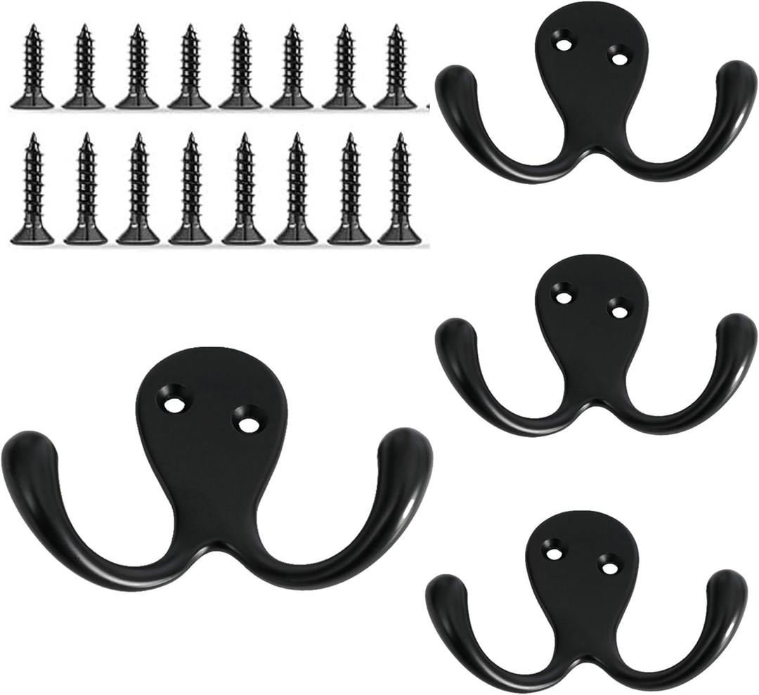 Wall Mount Coat Hooks,4 Pack,Rust Resistant Heavy Duty Metal Double Prong for Hanging Heavy Items, Wall Hooks with Screws for Kitchen,Bathroom,Wall Hooks for Hanging (Matte Black)