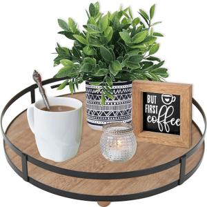 Defined Deco 12in Decorative Tray-Round Serving Tray with Metal Handle-Decorative Trays for Home Decor,Living Room Decor,Coffee Table Decor,Rustic Wooden Tray for Kitchen Table Decor,Dining Table. (Brown)