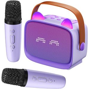 Mini Karaoke Machine for Kids Adults (2025 Upgraded), Portable Bluetooth Speaker with 2 Wireless Mics, Built-in Phone Holder and Emoji Animation, Birthday Gift for Boys Girls 3-12 Home Karaoke Party