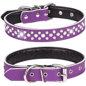 Rhinestones Dog Collar, Adjustable Sparkly Crystal Studded Genuine Leather Pet Dog Collar for Small and Medium Breeds (M fit Neck 12-15", Purple)