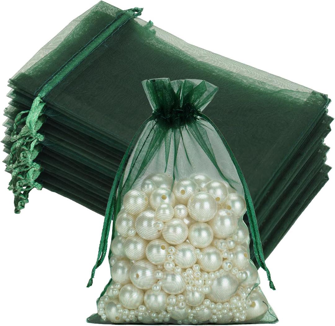 joycraft 50Pcs Dark Green Organza Bags - 4x6 In Party Favor Drawstring Mesh Pouch, Sheer Organza Jewelry Bags for DIY Craft, Christmas Gift, Small Business, Wedding Favor