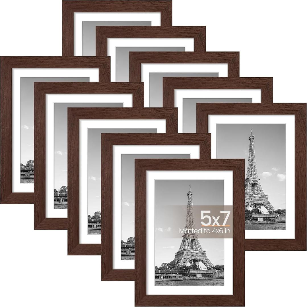 upsimples 5x7 Picture Frame Set of 10, Display Pictures 4x6 with Mat or 5x7 Without, Multi Photo Frames Collage for Wall or Tabletop Display, Brown