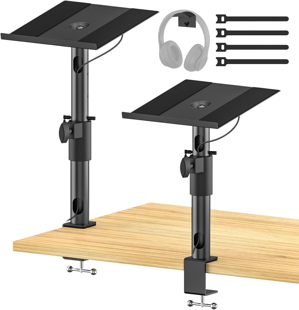 Heigh & Angle Adjustable Desk Clamp Speaker Stands for Samsung HW Q990D/Q990C/Q930C Edifier, KRK, Klipsch, Polk, Yamaha Large Speakers with Cable Management, Studio Monitor Stands Wr Headphone Holder