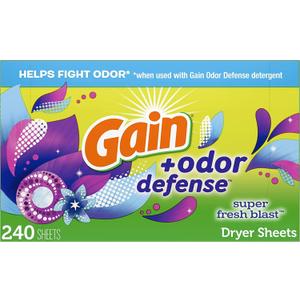 Gain Dryer Sheets Plus Odor Defense, Super Fresh Blast Scent, 240 Count, Helps fight static and odor, laundry sheets