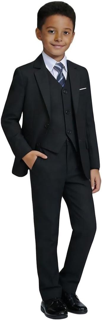 Visaccy Boys Formal Suit Slim Fit Dress Clothes Ring Bearer Outfit Tuxedo Suits,Adjustable Waist, 12 Years, Black Suit Blue Plaid Tie