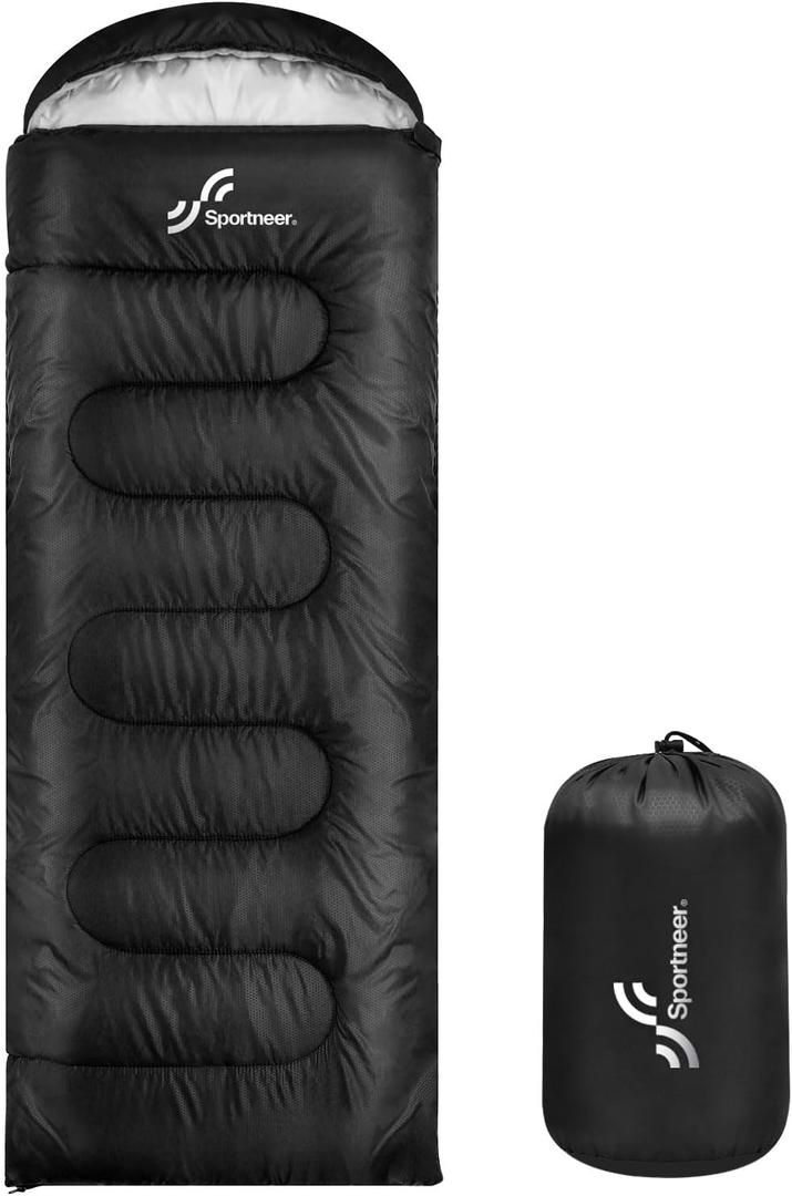 Sportneer Sleeping Bags for Adults, Warm & Cold Weather Sleeping Bag for Adults Kids Boys Girls - Lightweight Compact Camping Gear Equipment, Traveling, Backpacking, Hiking (87"x30", Black)