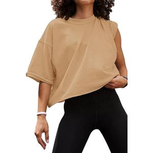 Carpetcom Oversized Workout Shirts for Women Short Sleeve Drop Shoulder Casual Crop Tops Baggy Gym Yoga Athletic Tee, S, Light Khaki