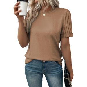 SHEWIN Women's Short Sleeve Summer Tops Crewneck Knit Solid Loose Casual Basic T Shirts Tee Blouses (Beige, XXL)