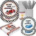 Racing Car Party Supplies Decorations, Checked Race Car Theme Birthday Paper Plates and Napkins Set with Cups and Straws for 24 Guests, 120 Pcs Disposable Party Dessert Dinnerwares