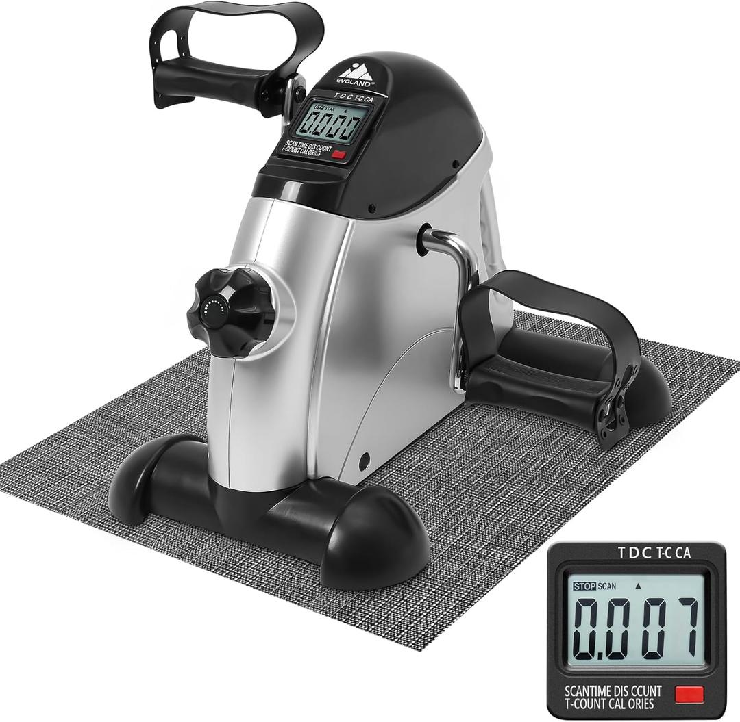 EVOLAND Mini Exercise Bike, Under Desk Bike Pedal Exerciser with Handle| Adjustable Resistance| LCD Display| Non-Slip Mat, Home and Office Workout Fitness Training for Unisex and Elderly