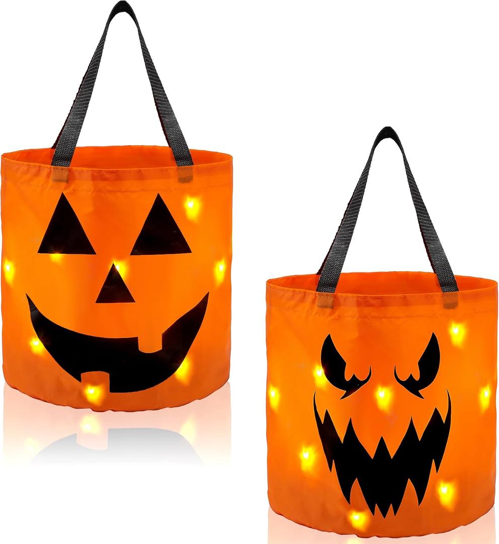JOYIN 2 PCS Halloween Trick or Treat Bags 10 x 11.8 inches LED Light Orange Pumpkin Buckets Reusable Goody Candy Bucket for Kids Trick or Treating, Halloween Birthday Party Favor Supplies