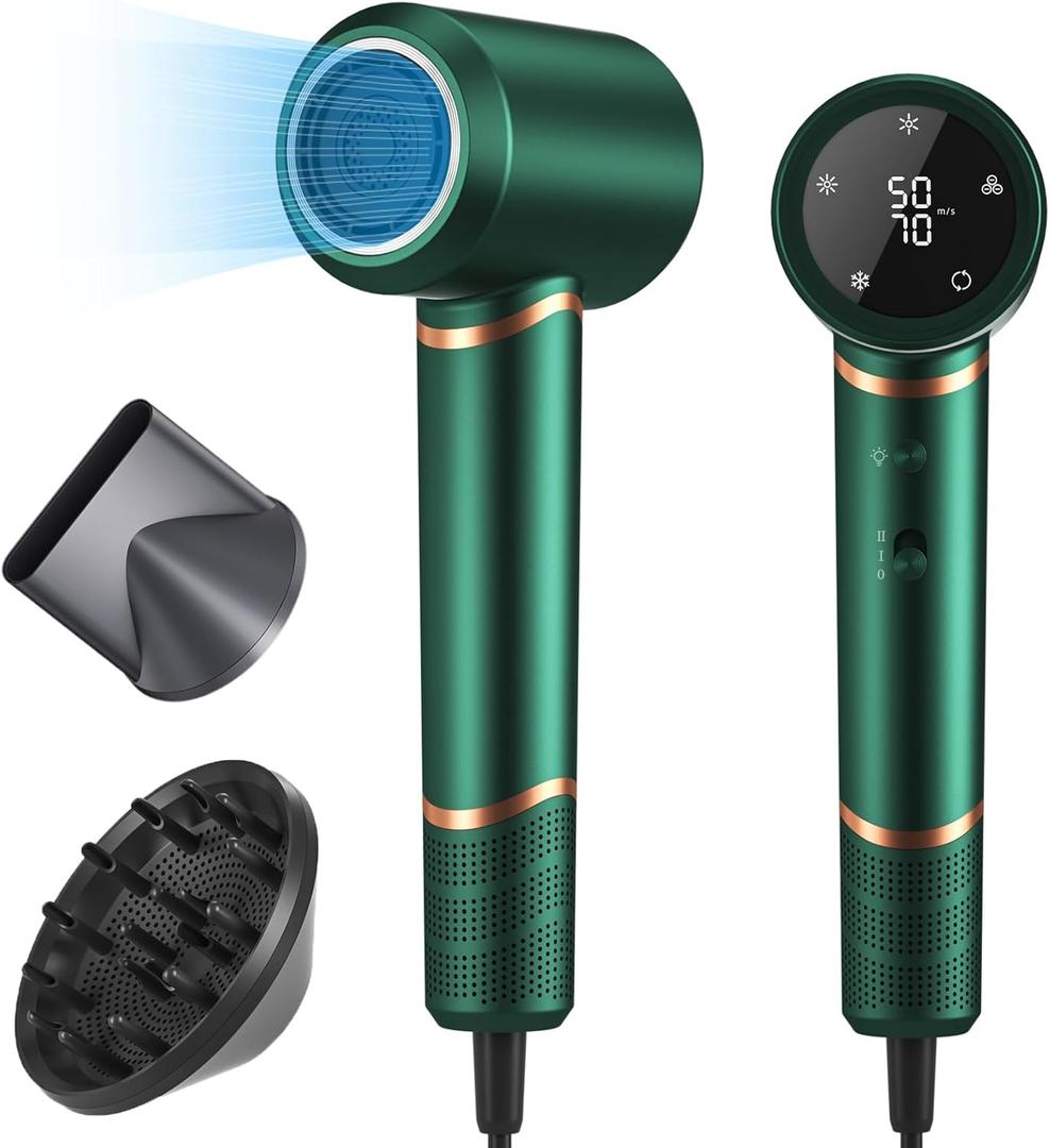 Hair Dryer Negative Ionic Blow Dryer for Fast Drying,Low Noise,Thermo Control Hair Dryer 2 Speed and 3 Heat Settings,Cold Air Button with 1 Diffuser 110000 RPM High Speed Brushless Motor Green