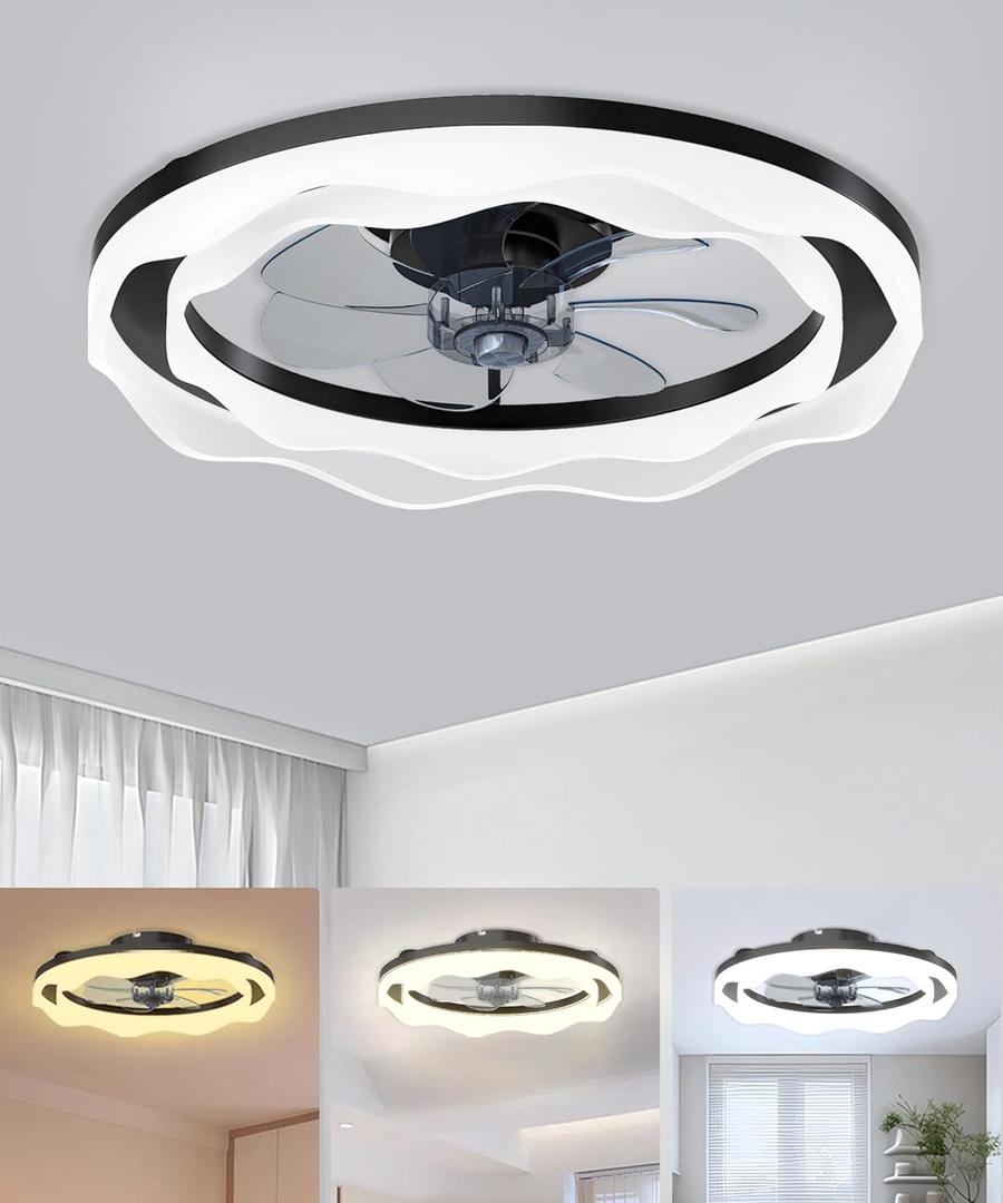 Ceiling Fans with Lights, 20'' Black Low Profile Ceiling Fan with Light, 3000K-6500K Dimmable LED Fan Light, APP Remote Control 6 Wind Speeds Fandelier Flush Mount Modern Ceiling Fans for Bedroom