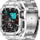 Stainless Steel Watch Band with Case Compatible with Apple Watch Series 9 8 7 (45mm), Rugged Strap with Metal Protective Bumper Cover for iWatch Bands Men (Silver)